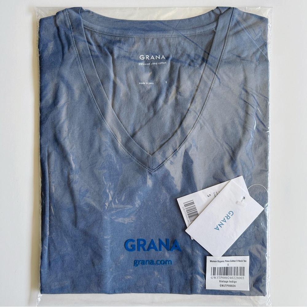 NEW Grana Organic Pima Cotton V Neck Tee in vintage indigo size S